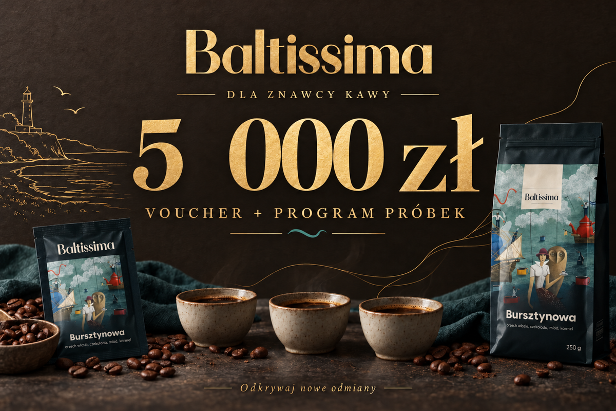 Voucher Baltissima dla znawcy kawy o wartości 5 000 zł, z programem próbek, w złotej i kawowej oprawie.